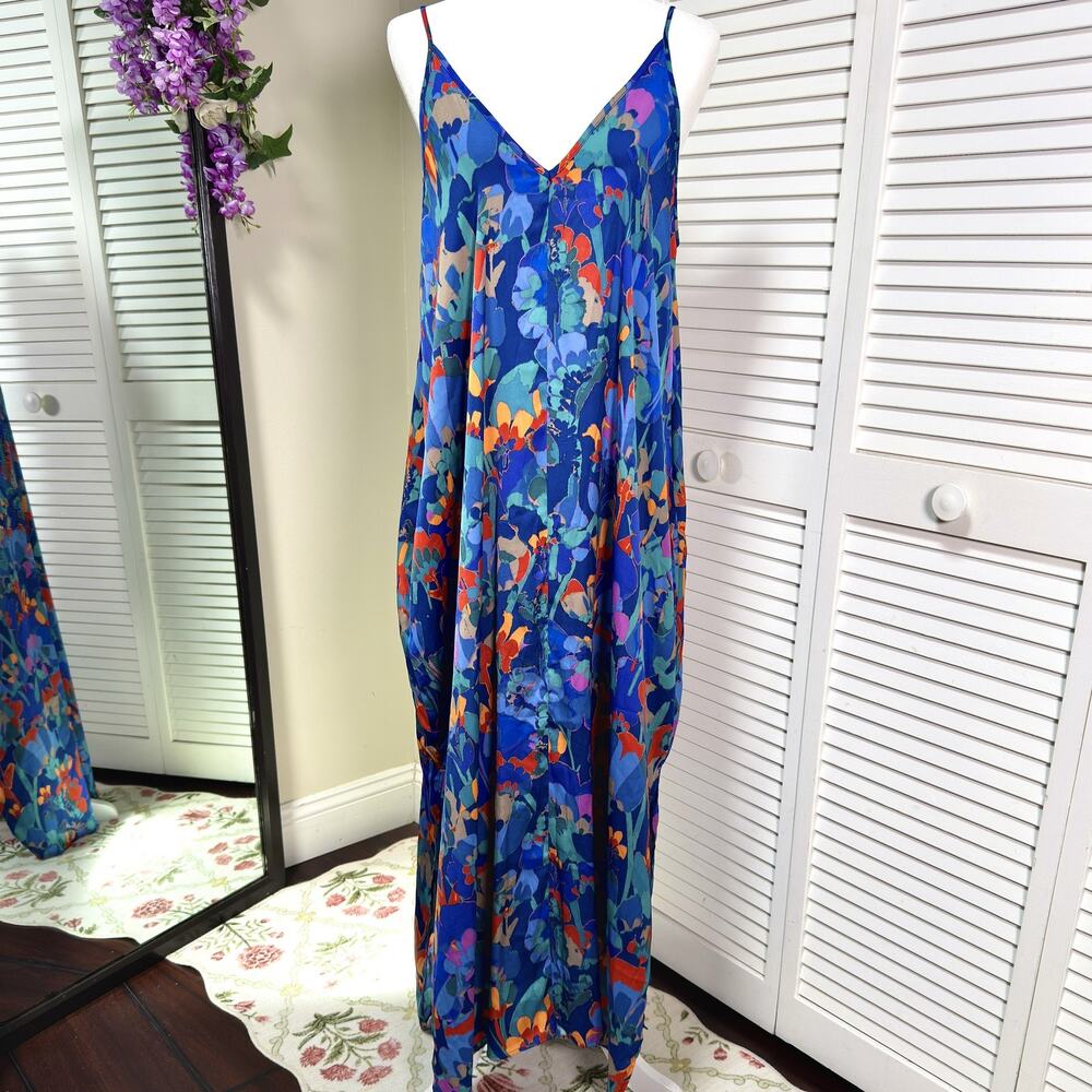 Van Winkle & Co Floral Maxi Silky Slip Dress Women L Blue Chemise V Neck Pockets